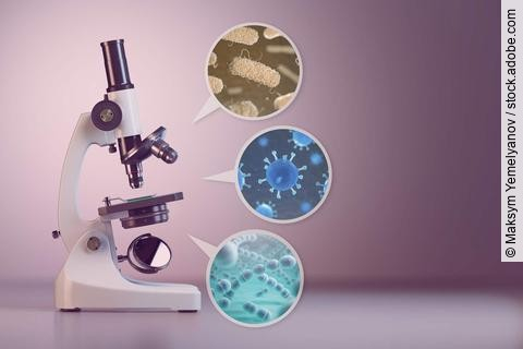 Microscope and a set  of different bacterias and viruses. Space 