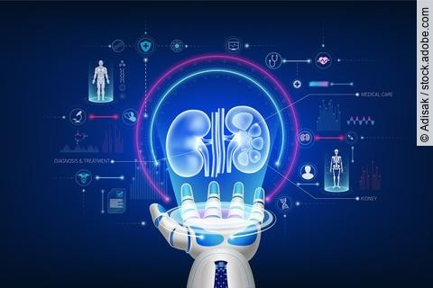 Futuristic medical cybernetic robotics technology. Human kidney virtual hologram float away from robot hand with medical icon. Innovation artificial intelligence robots assist care health. 3D Vector.