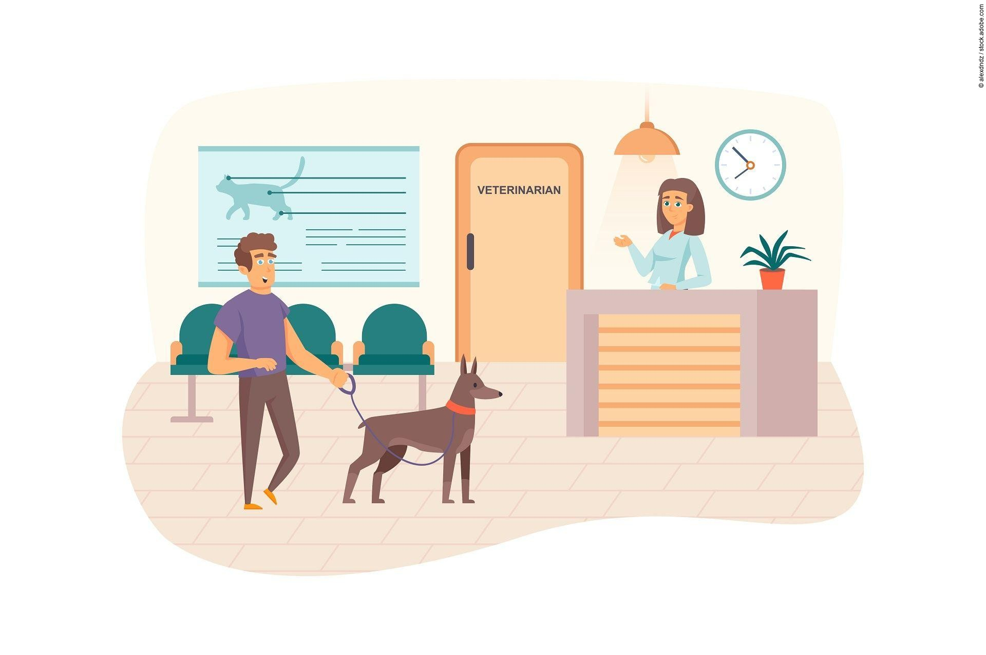 Veterinary clinic scene. Man with dog visits vet, waiting for do